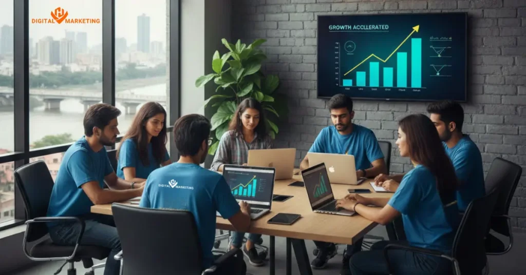HV Digital Marketing team working on strategy and analytics showcasing expertise as the top Digital Marketing Agency in Surat.