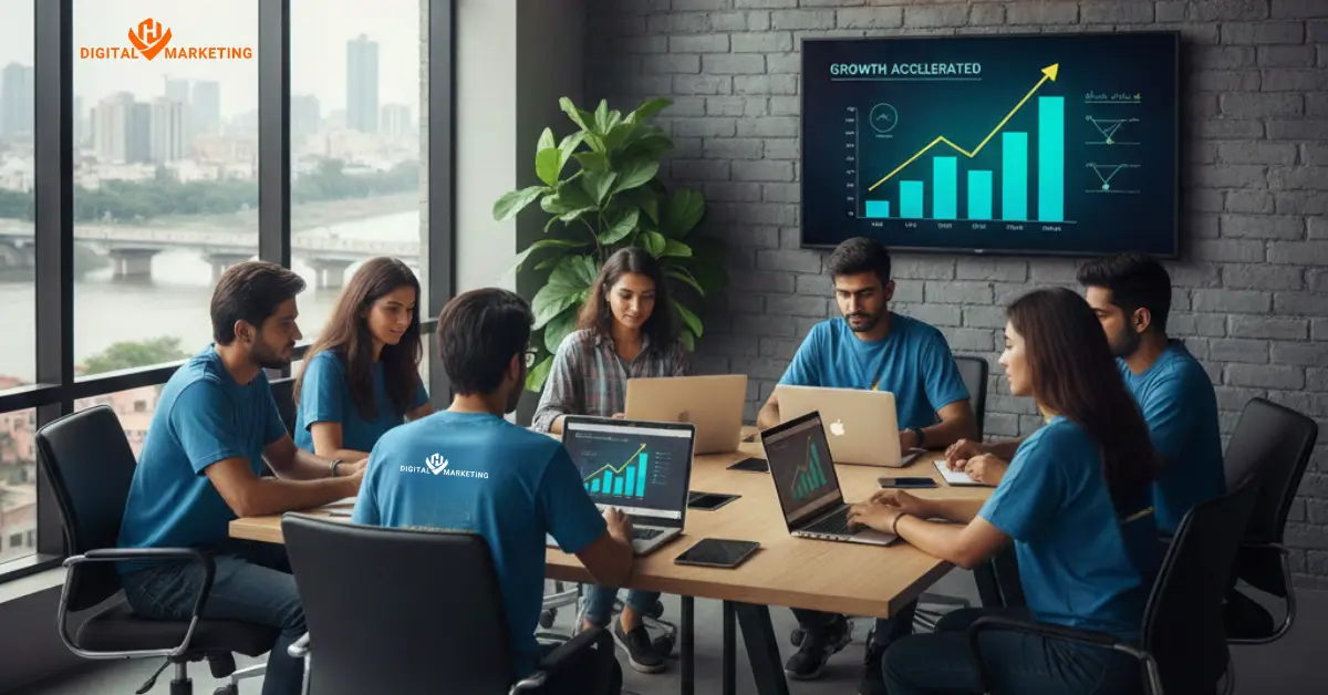 HV Digital Marketing team working on strategy and analytics showcasing expertise as the top Digital Marketing Agency in Surat.