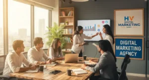 Professional team at HV Digital Marketing Agency in Surat discussing business growth strategies and digital marketing solutions