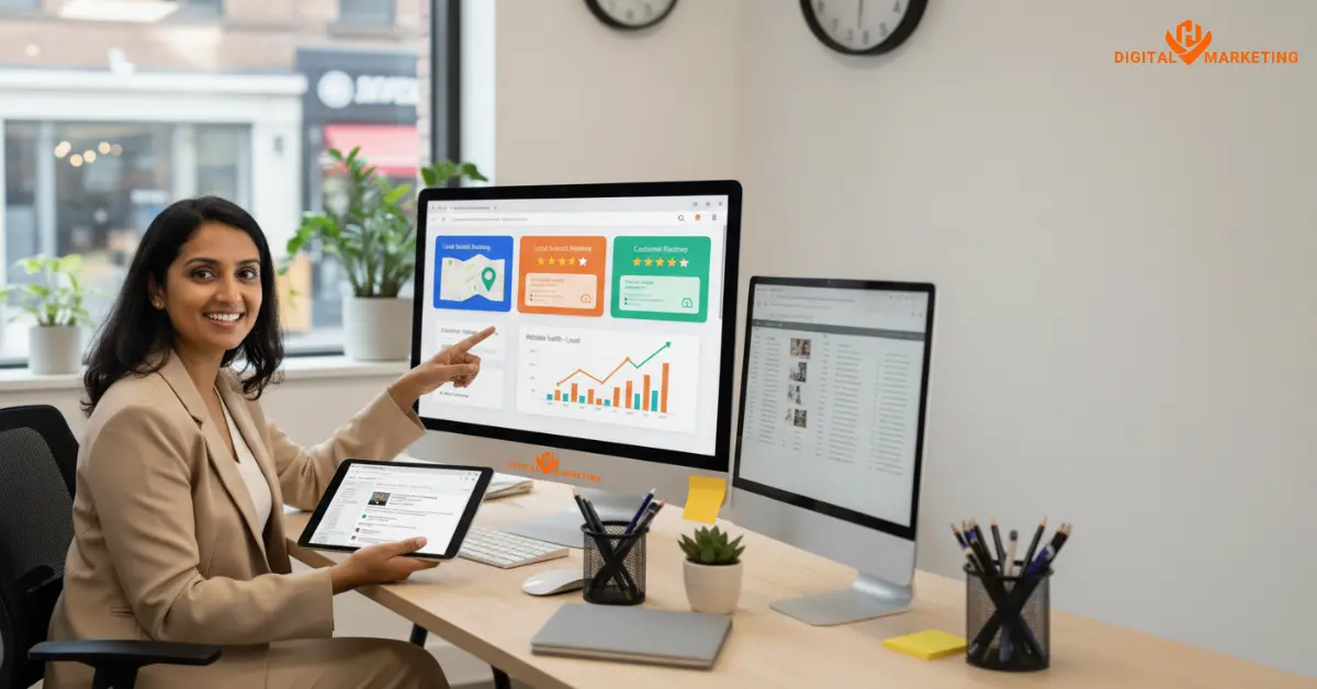 Marketing expert analyzing reports and growth charts for Small Business SEO strategy at HV Digital Marketing office.