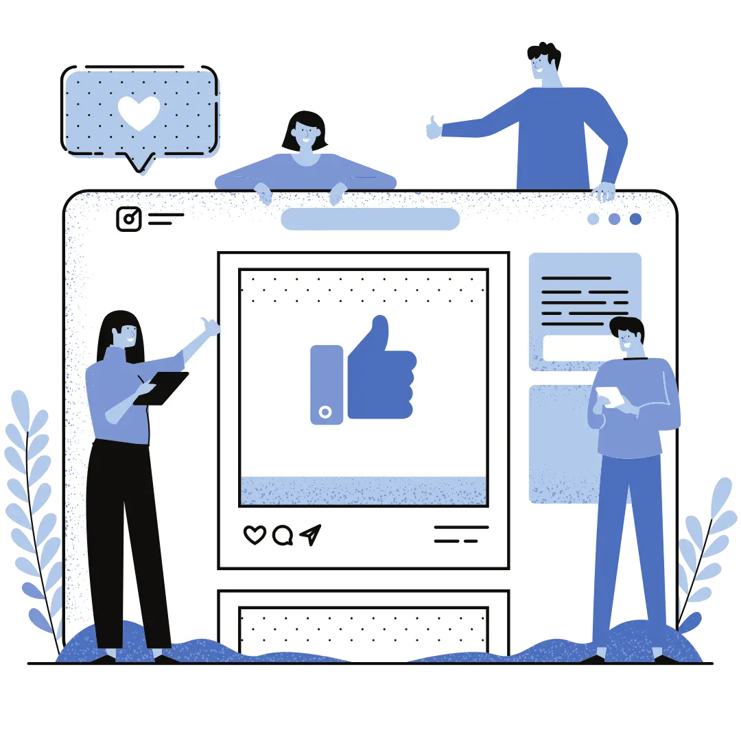 Illustration showing people engaging with a social media post, representing Social Media Marketing by HV Digital Marketing.Illustration showing people engaging with a social media post, representing Social Media Marketing by HV Digital Marketing.