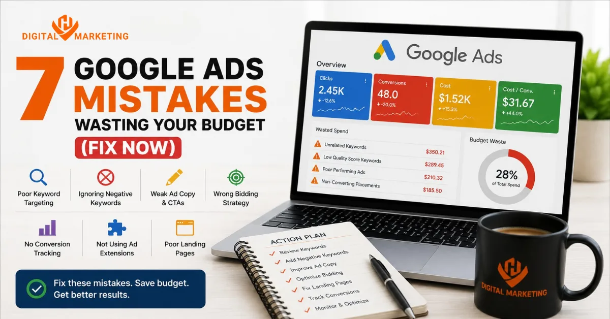 Google Ads mistakes wasting budget explained by HV Digital Marketing to improve campaigns, reduce costs, and boost ROI.