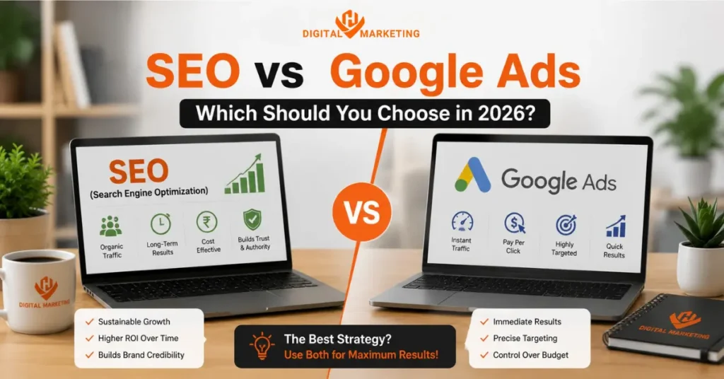 SEO vs Google Ads for lead generation comparison by HV Digital Marketing to boost traffic, leads, and business growth.