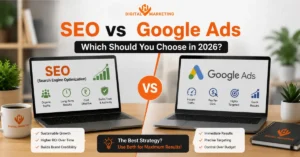SEO vs Google Ads for lead generation comparison by HV Digital Marketing to boost traffic, leads, and business growth.