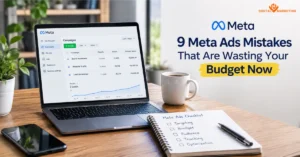 Meta ads mistakes wasting budget, shown in a campaign dashboard and checklist for advertisers by HV Digital Marketing.