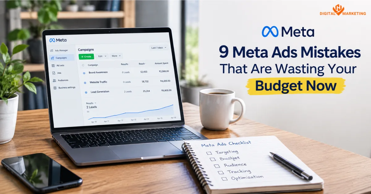 Meta ads mistakes wasting budget, shown in a campaign dashboard and checklist for advertisers by HV Digital Marketing.
