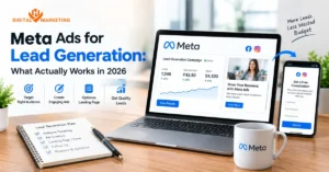 Meta Ads for Lead Generation dashboard on laptop and mobile with lead form – HV Digital Marketing 2026 strategy guide