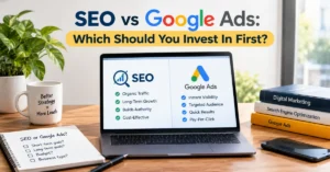SEO vs Google Ads comparison showing organic traffic and paid search strategies for smarter digital marketing decisions.