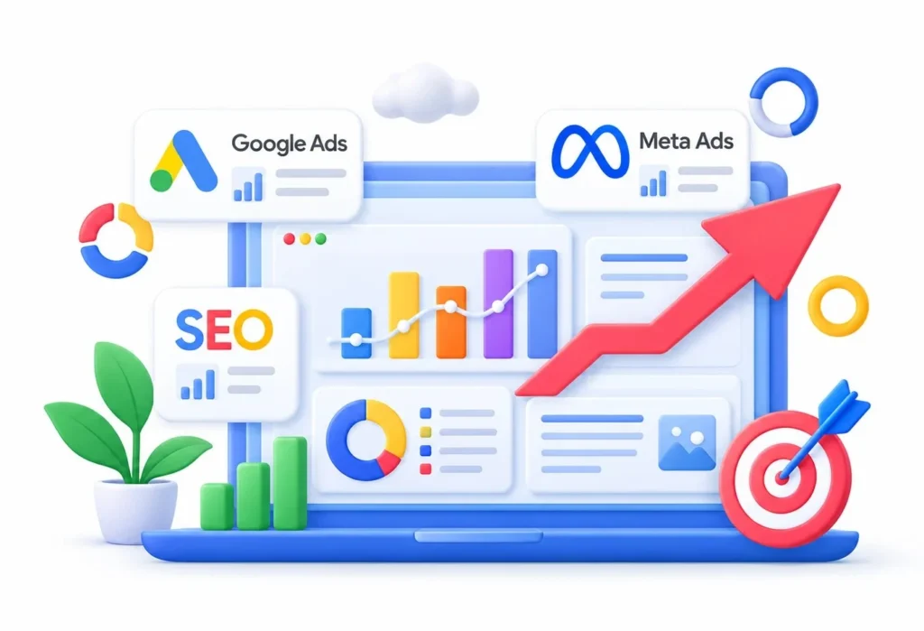 HV Digital Marketing dashboard showcasing Google Ads, Meta Ads, SEO analytics, performance charts, and growth strategies.