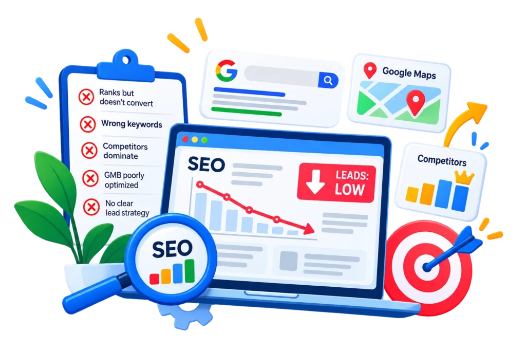 SEO challenges facing businesses, including low leads, wrong keywords, poor Google Maps optimization, and declining rankings.